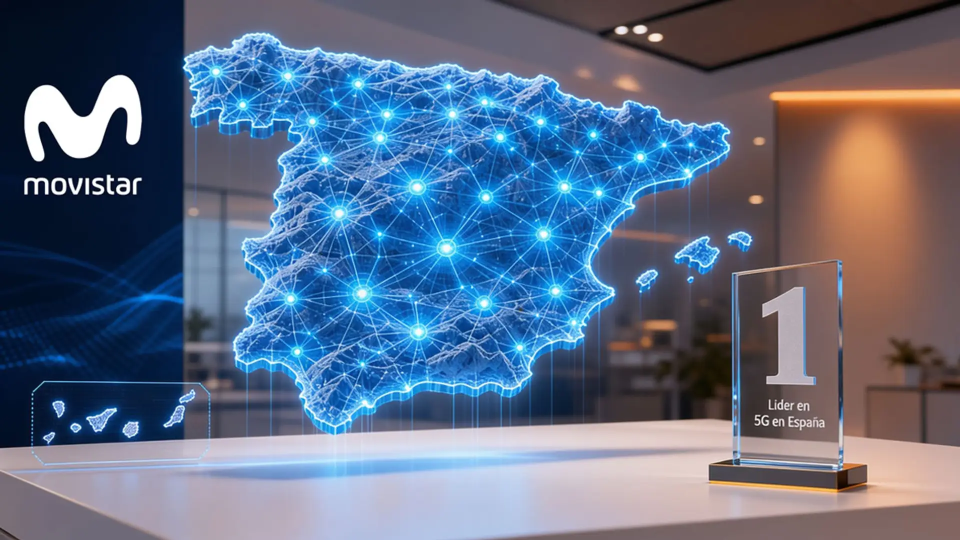Movistar lidera la cobertura móvil en España, pero hay una categoría en la que Orange le supera Mapa holográfico de España con nodos de conexión junto al logotipo de Movistar y un trofeo que indica liderazgo en 5G en España