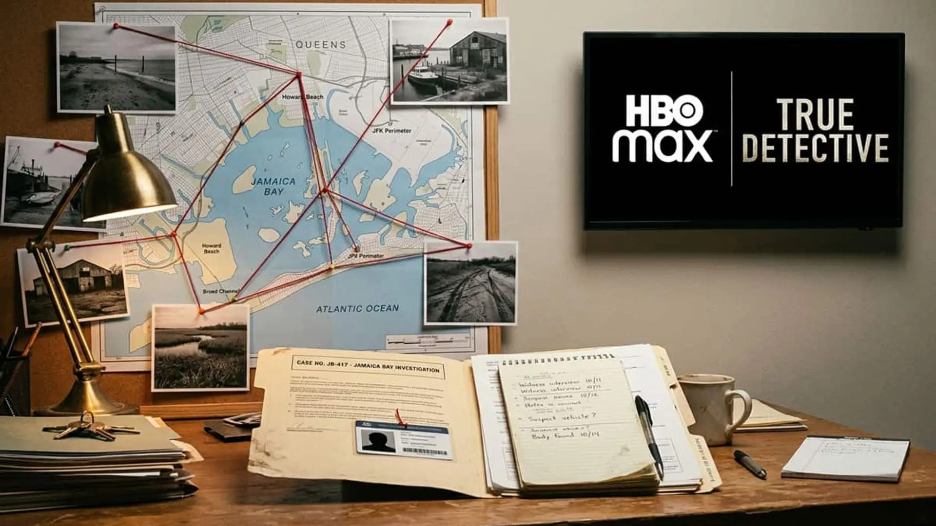 ¿Nicolas Cage en True Detective 5? Lo que dijo en la Comic-Con y lo que HBO no ha confirmado Mesa de investigación con expedientes, fotografías y un cuaderno de notas frente a un mapa de Jamaica Bay conectado con hilos rojos, junto a una pantalla con los logotipos de HBO Max y True Detective.
