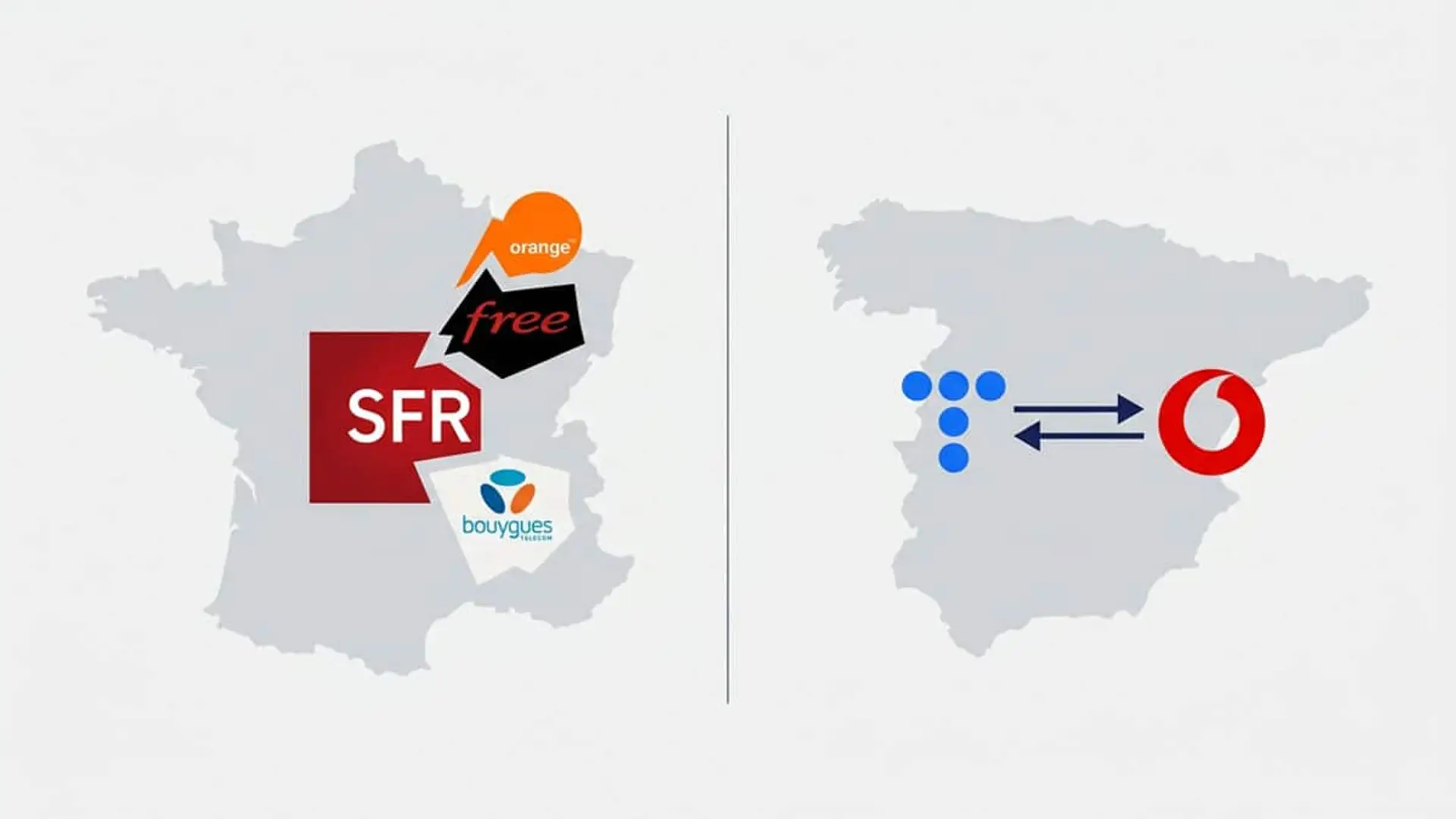 Mapas de Francia y España con logotipos de operadoras de telecomunicaciones y flechas entre Telefónica y Vodafone