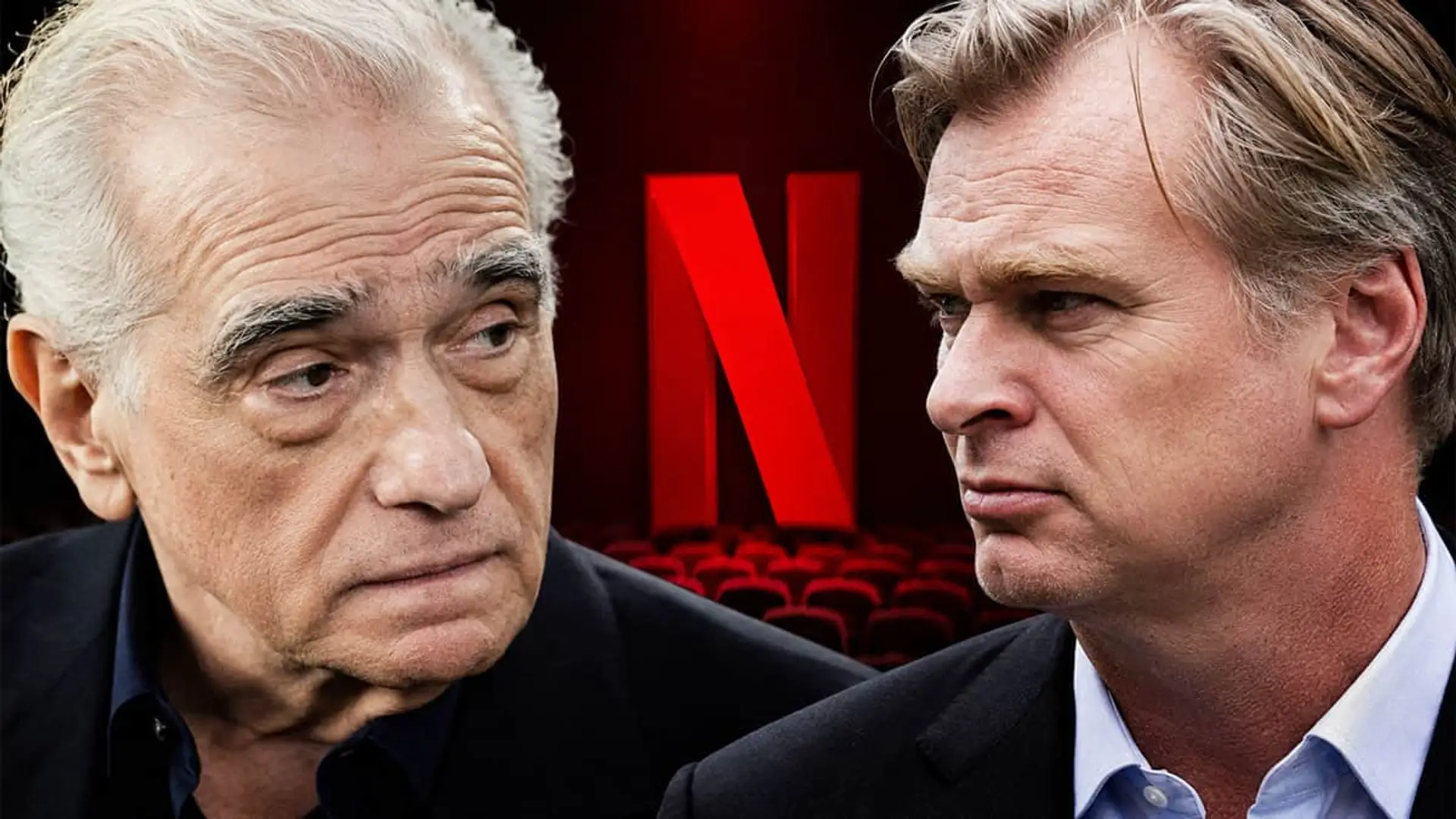 Martin Scorsese y un director de cine frente al logo de Netflix, imagen sobre industria y streaming.