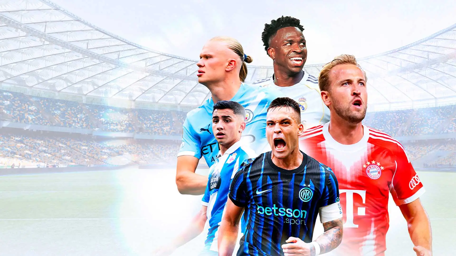 Collage de estrellas del fútbol europeo como Haaland, Vinicius y Kane, con la grada de un estadio de fondo.