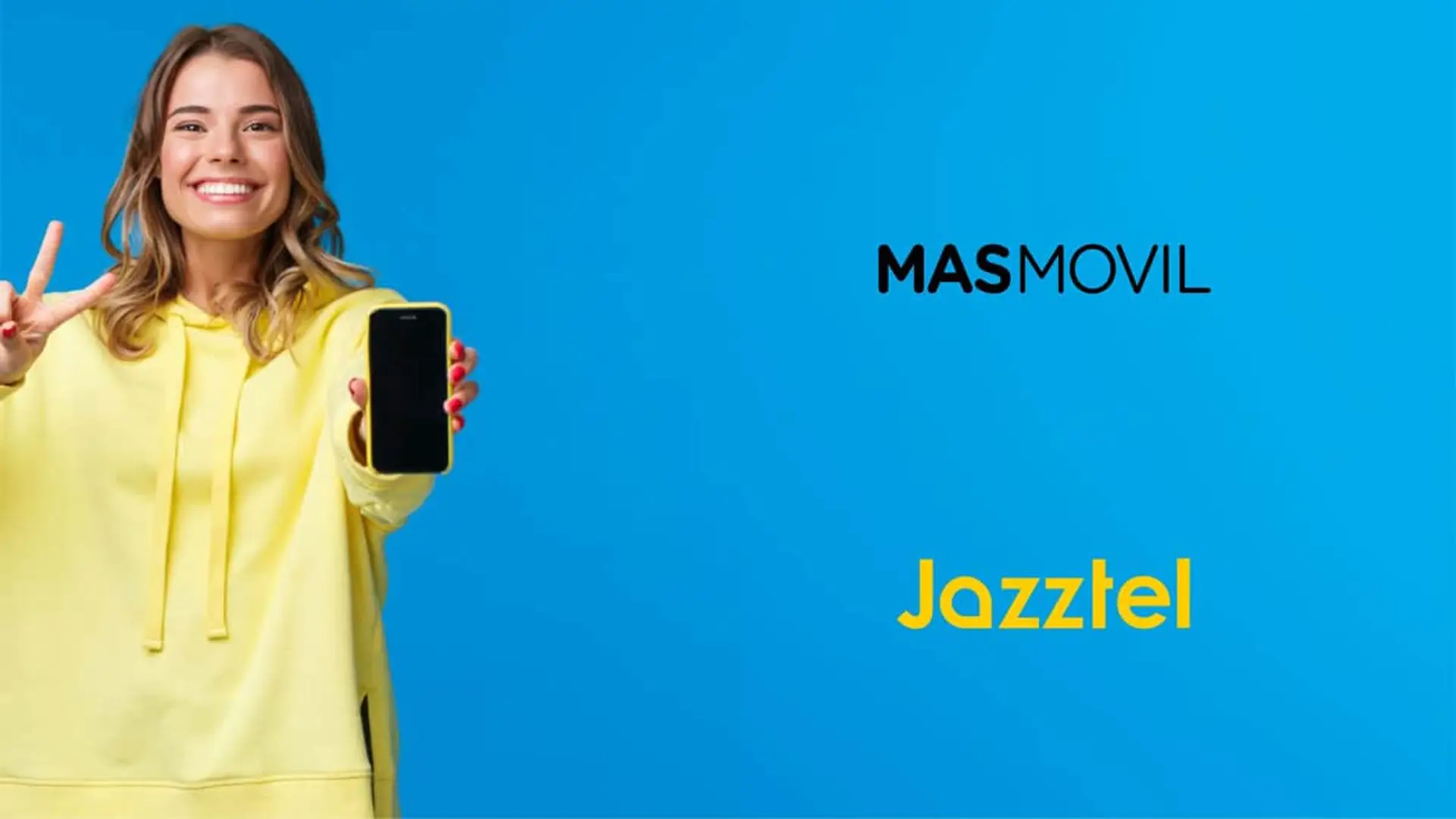 Mujer con smartphone junto a logos de Masmóvil y Jazztel para promocionar tarifas de fibra y móvil.