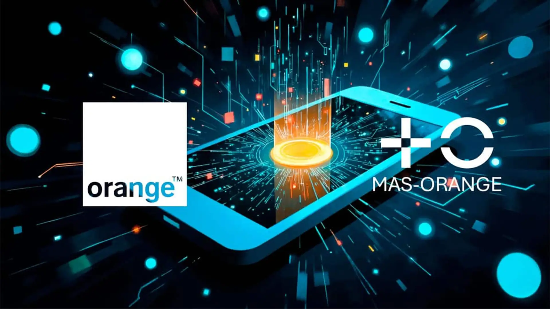 Representación digital de la fusión entre Orange y MásMóvil con un smartphone y elementos tecnológicos.