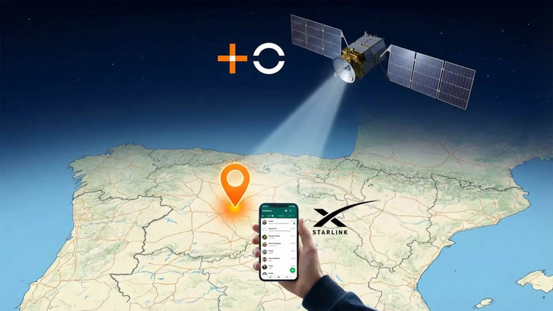 Ilustración de conexión satelital de Starlink y MasOrange con mapa de España y móvil.