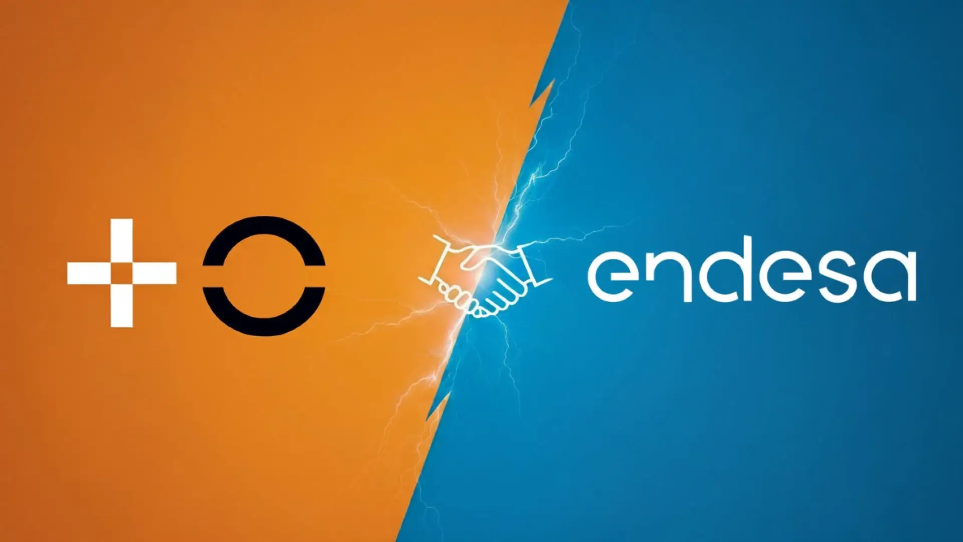 Imagen corporativa de la alianza entre MásOrange y Endesa, con sus logos y un apretón de manos eléctrico.