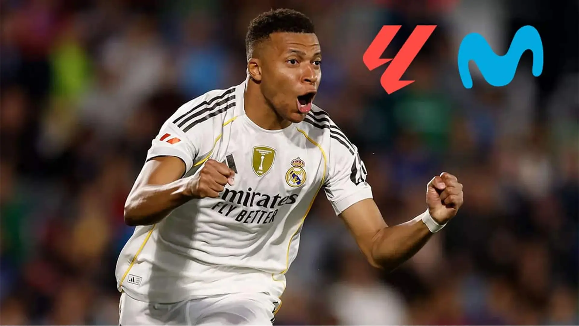 Movistar Plus+ emite en exclusiva esta jornada de LaLiga: adiós al fútbol en DAZN esta semana Kylian Mbappé celebrando un gol con el Real Madrid junto a los logos de Movistar Plus+ y LaLiga