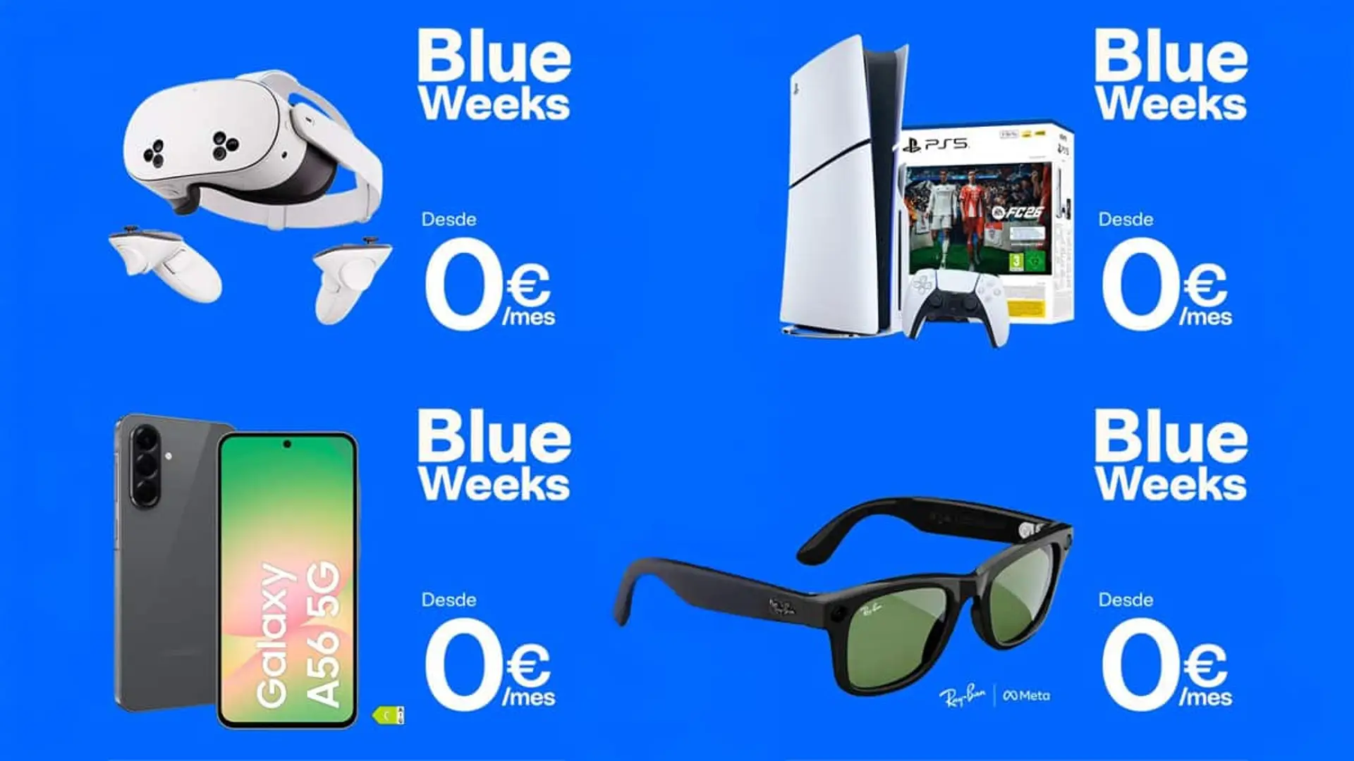 El Black Friday se adelanta en Movistar: sus Blue Weeks te dan la mejor tecnología desde 0 euros Productos destacados de Blue Weeks de Movistar: PS5, gafas Ray-Ban Meta, smartphone Samsung Galaxy y gafas Meta Quest.