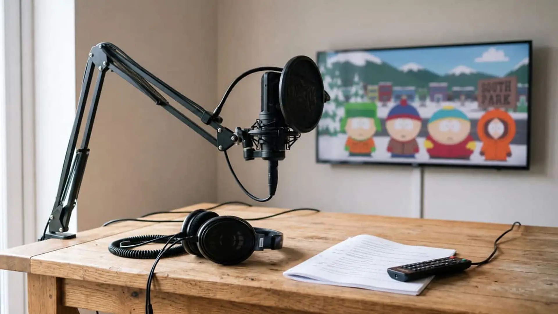Micrófono de estudio con filtro antipop y auriculares sobre una mesa de madera, junto a un guion y un mando a distancia, con una escena de South Park en la televisión del fondo.