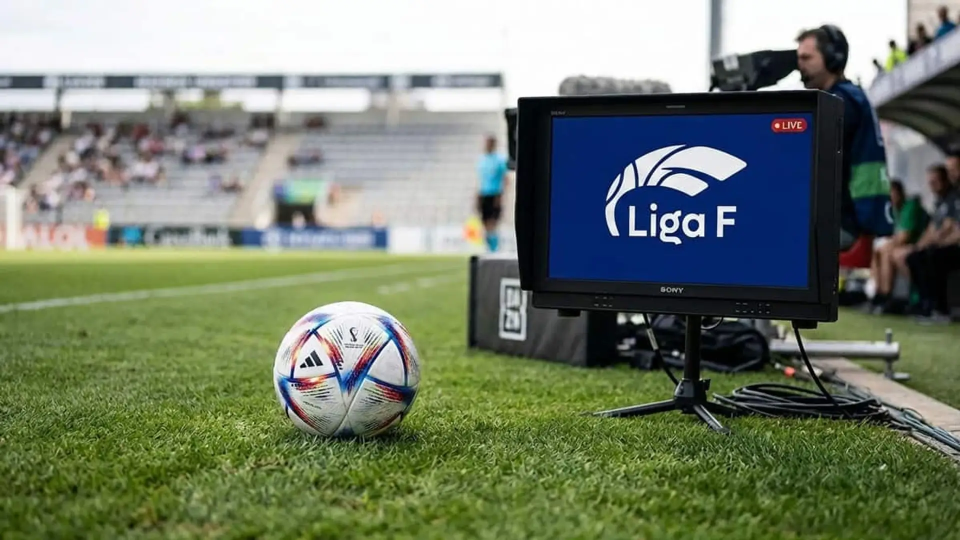 La Liga F pone fin a DAZN un año antes y abre la puja por sus derechos de TV Monitor junto al terreno de juego con el logotipo de Liga F durante una retransmisión de un partido de fútbol