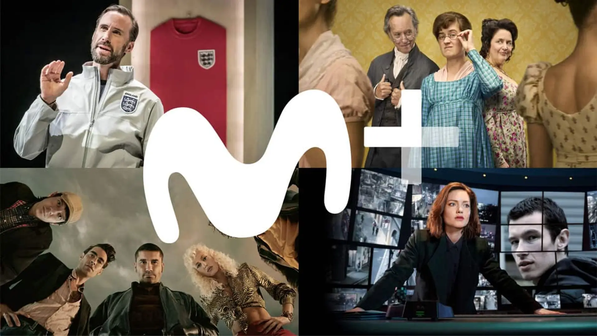 Montaje con cuatro escenas de series y el logotipo de Movistar Plus en el centro
