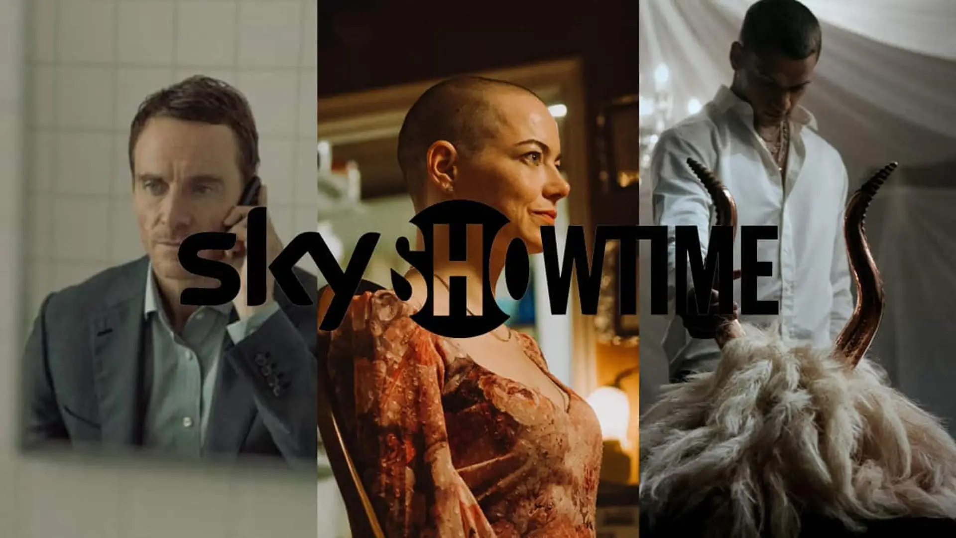SkyShowtime llena junio de estrenos: Wicked, el regreso de Fassbender en The Agency y series originales europeas Montaje con tres escenas de series y el logotipo de SkyShowtime sobre la imagen