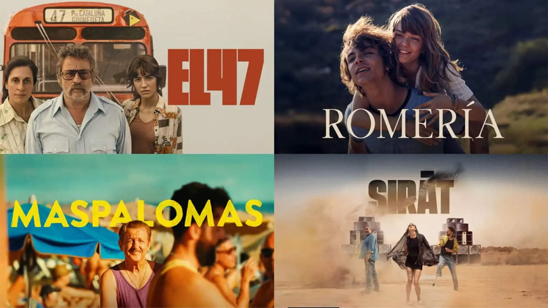 Fotomonaje con los carteles de las películas El 47, Romería, Maspalomas y Sirat.