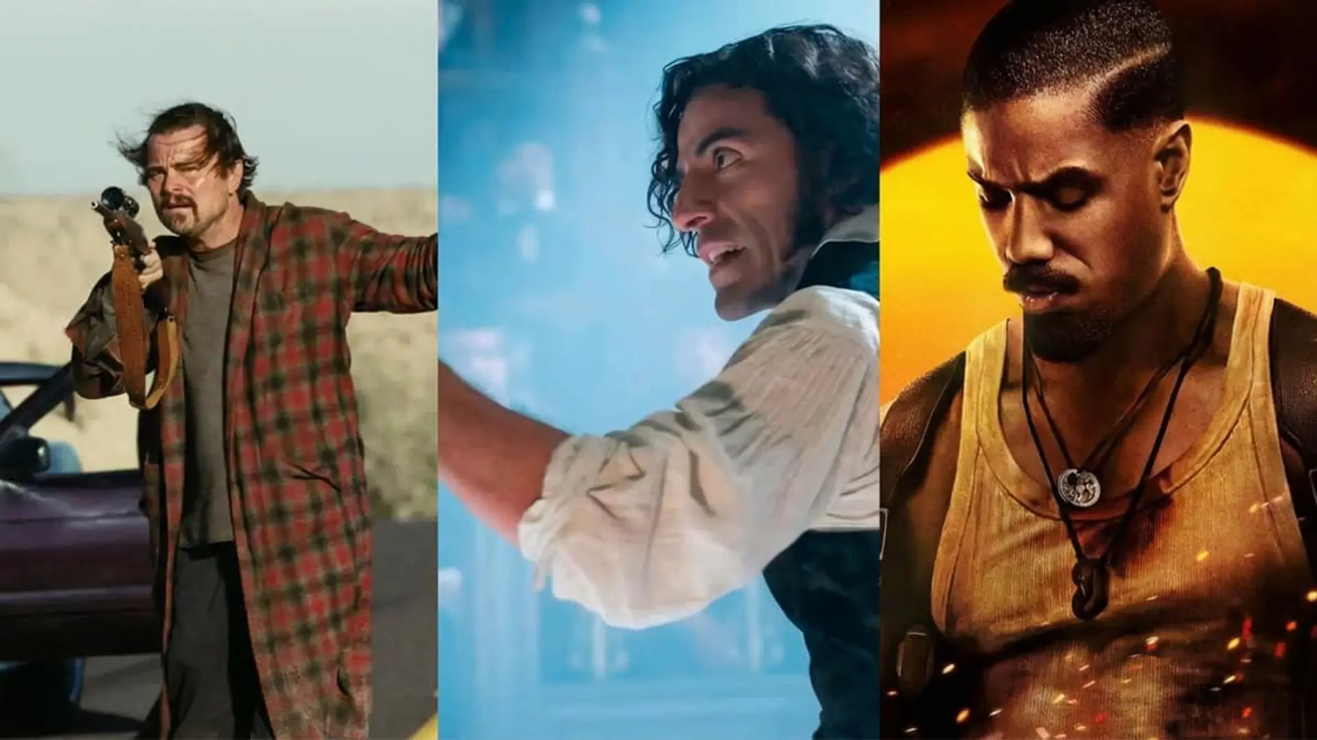 Imagen dividida con Una batalla tras otra, Frankenstein y Sinners, películas nominadas al Óscar 2026.