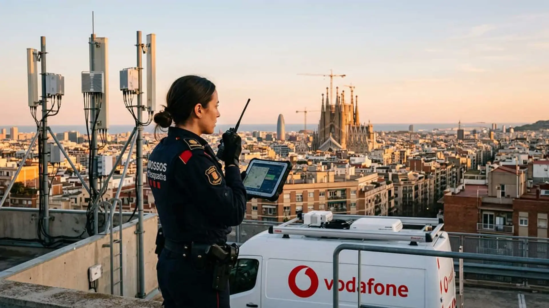 6.000 agentes con red 5G privada de Vodafone durante la visita del Papa a Barcelona: por qué la cobertura pública no basta Mosso con una radio junto a antenas y una furgoneta de Vodafone con la Sagrada Familia al fondo