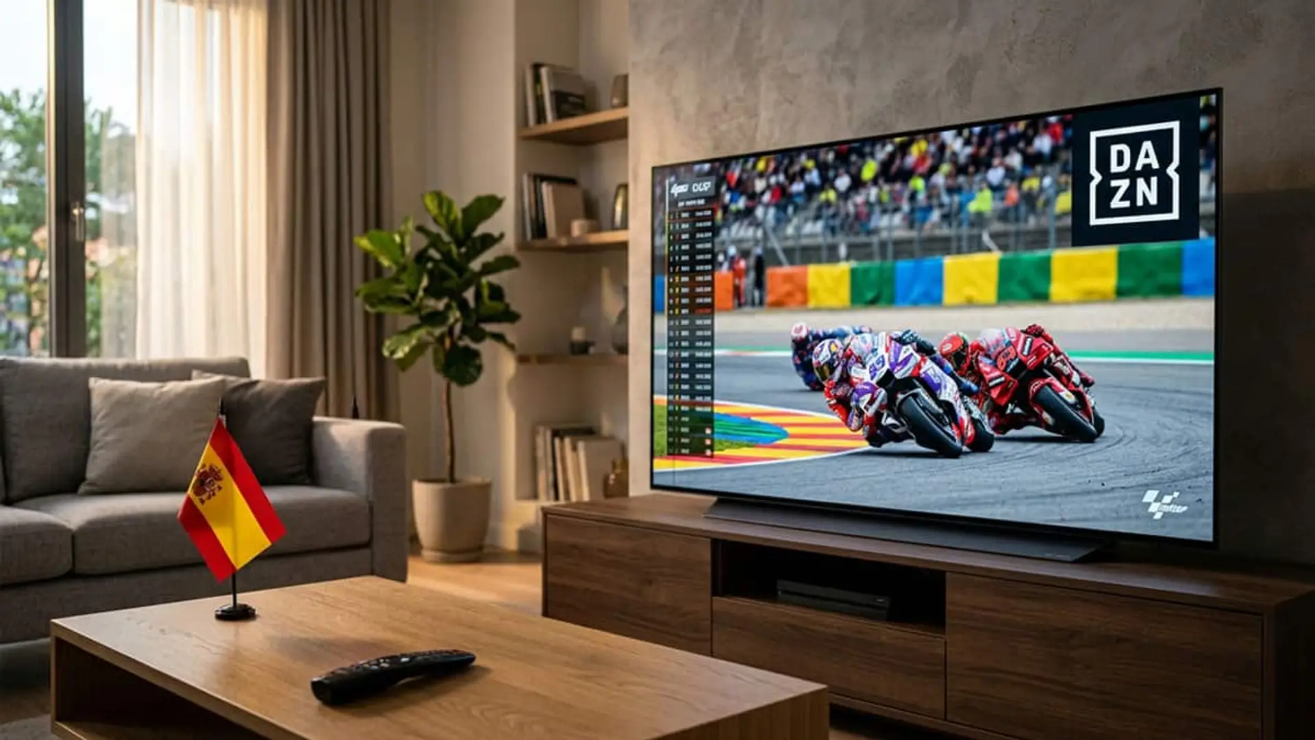 MotoGP se queda en DAZN hasta 2030: lo que incluye el nuevo acuerdo para España Televisión mostrando una carrera de MotoGP en DAZN dentro de un salón con una bandera de España sobre la mesa