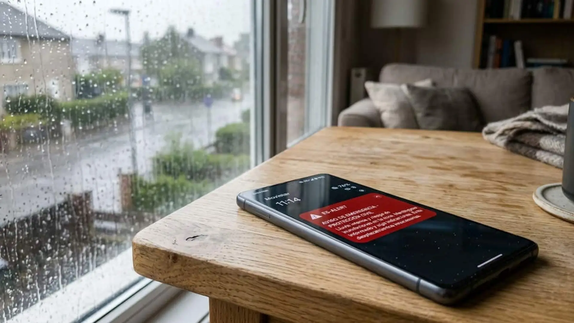 ¿Tienes 5G+ de Movistar? Tu móvil puede no recibir los avisos de ES-Alert hasta pasar a 4G Móvil sobre una mesa mostrando una alerta ES-Alert de Protección Civil junto a una ventana con gotas de lluvia