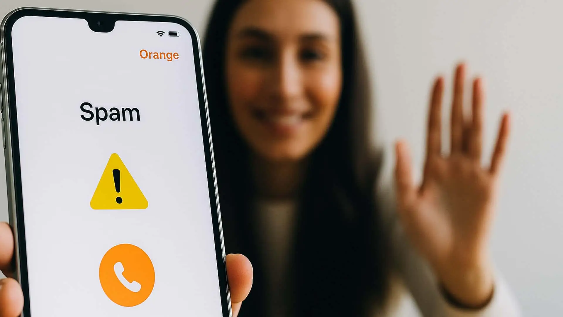 Mujer muestra en su móvil una alerta de llamada de spam en la red Orange. Concepto de protección contra el fraude y el vishing.