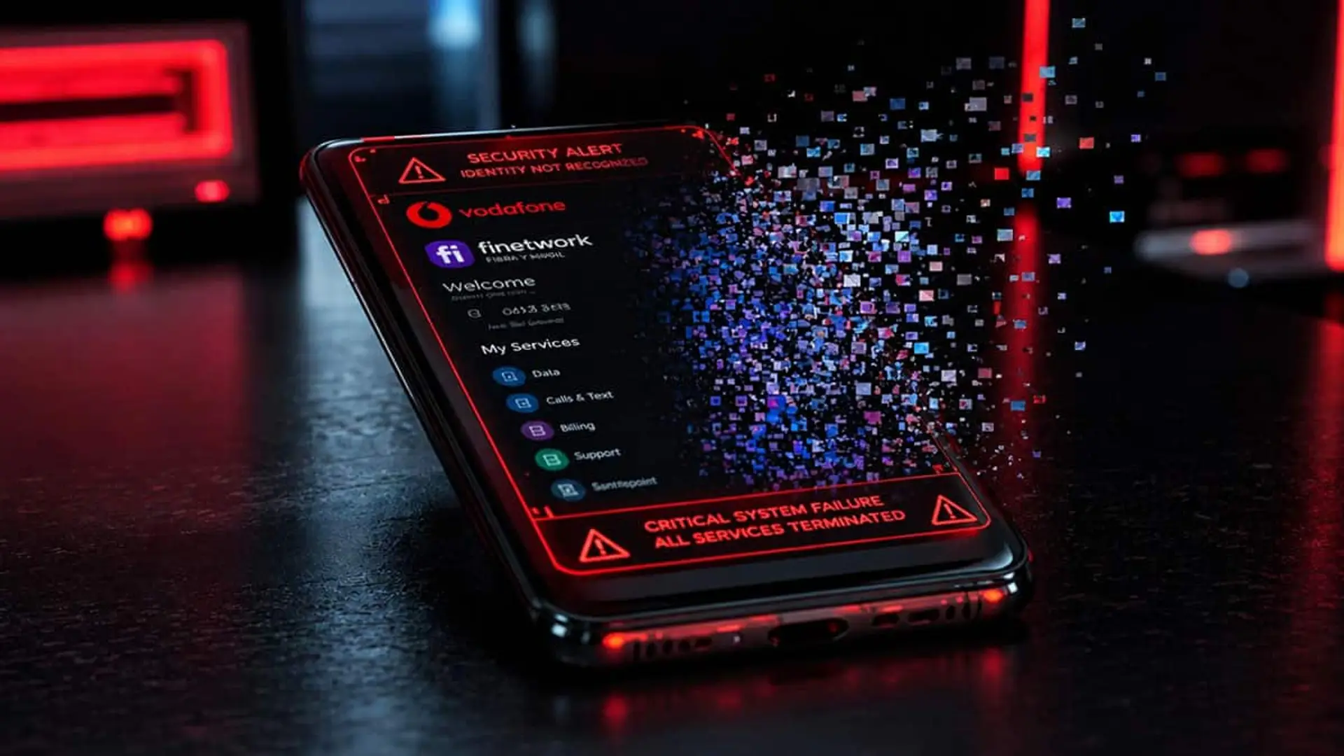 El ultimátum de Vodafone a Finetwork: cuatro meses para desaparecer del mercado con ese nombre Móvil con una alerta de seguridad en pantalla y referencias a Vodafone y Finetwork, con efecto de fallo digital en rojo y azul