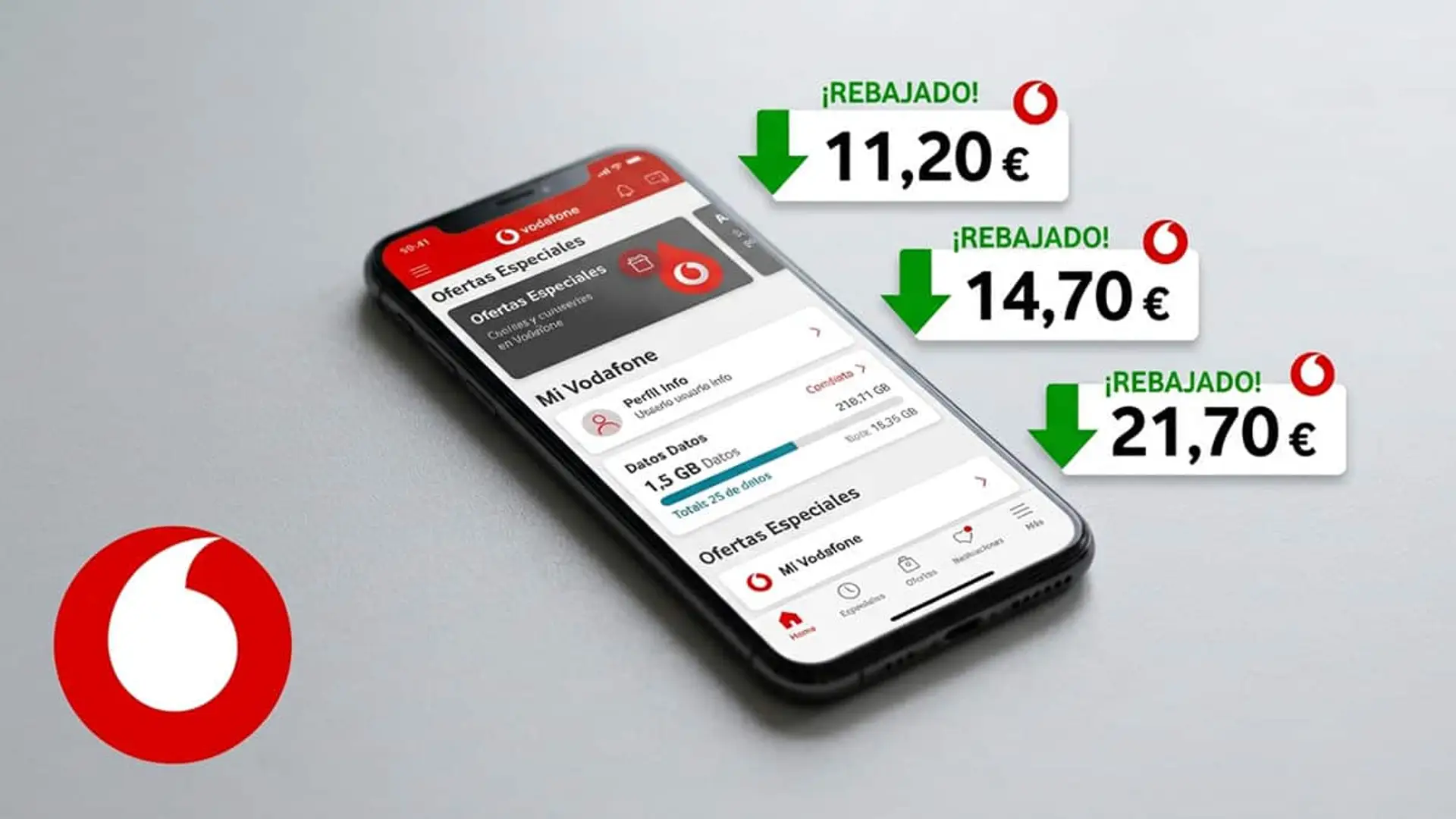 Vodafone baja los precios de sus tarifas móviles y los congela de por vida, pero a cambio pide 12 meses de permanencia Móvil con la app de Vodafone en pantalla y varios carteles de precios rebajados con flechas verdes