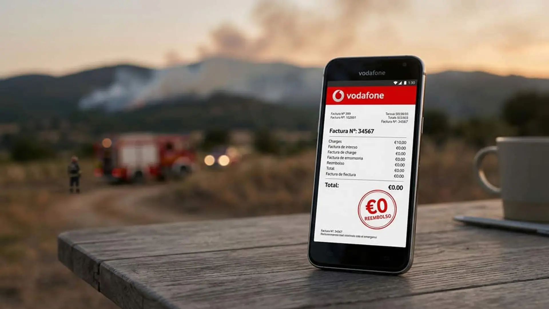 Teléfono móvil con una factura de Vodafone que muestra un reembolso de cero euros, con un incendio forestal y un camión de bomberos al fondo