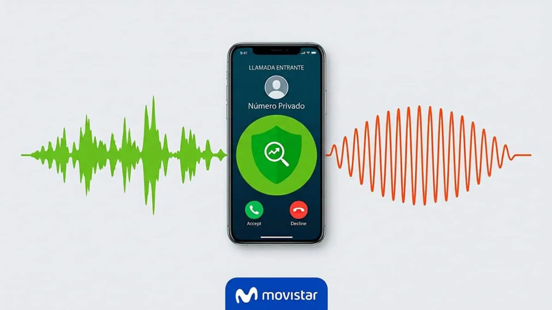 Móvil con una llamada entrante de número privado, ondas de sonido a ambos lados y el logotipo de Movistar debajo