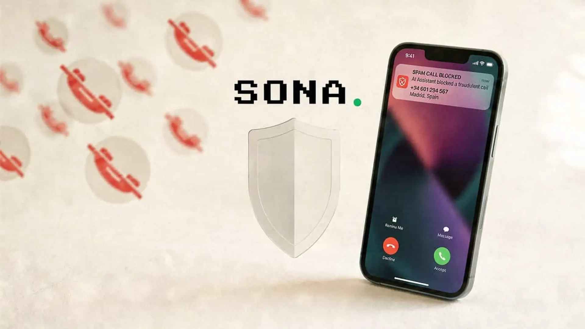 La IA de Sona descuelga por ti, filtra spam y resume llamadas: así es la nueva operadora con una sola tarifa Móvil con aviso de llamada fraudulenta bloqueada, un escudo semitransparente y el logotipo de Sona