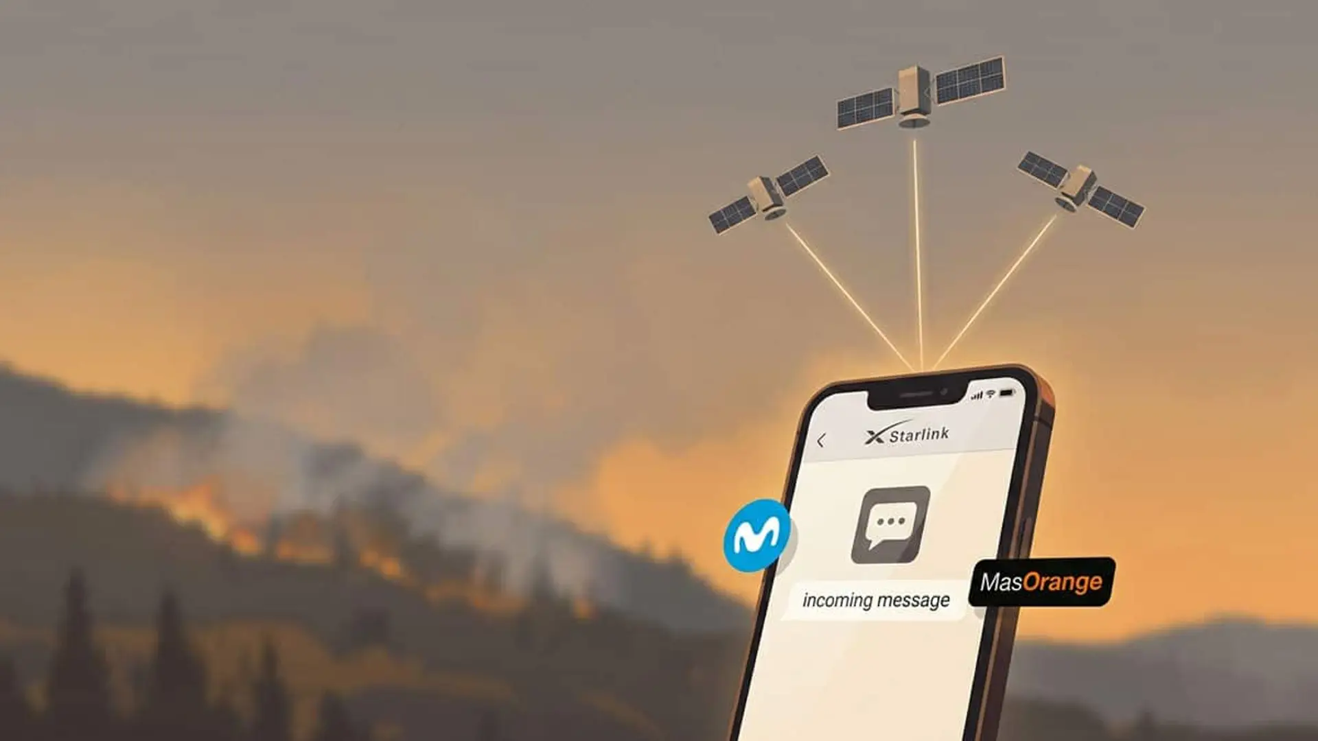 Movistar y MasOrange dan SMS gratis en los incendios gracias a Starlink: Vodafone se queda fuera Teléfono móvil con Starlink y los logotipos de Movistar y MasOrange, conectado a varios satélites sobre un incendio forestal