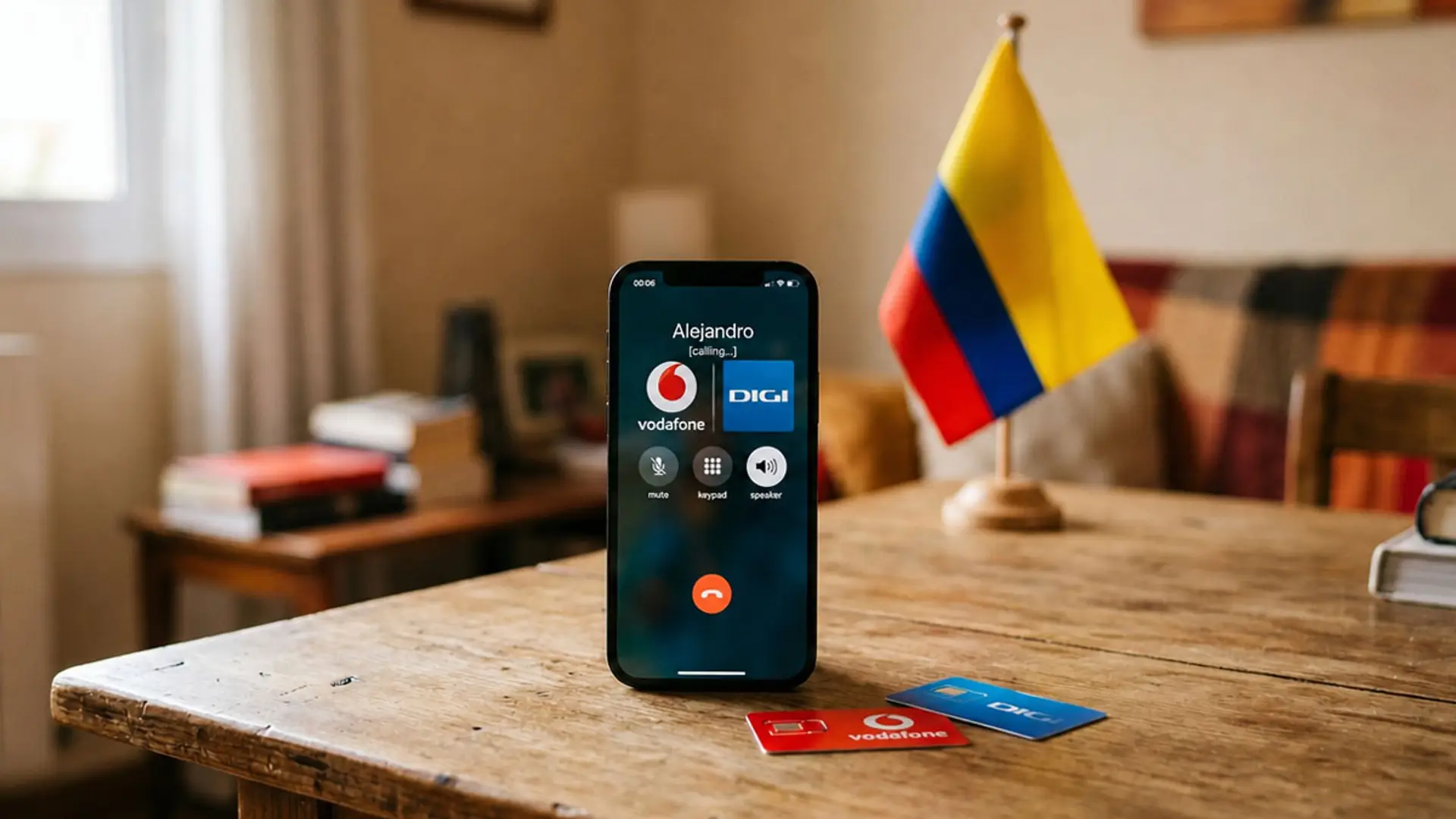 Vodafone y Digi ya tienen llamadas y SMS gratis a Colombia tras el terremoto Móvil durante una llamada con los logotipos de Vodafone y Digi junto a una bandera de Colombia y tarjetas SIM