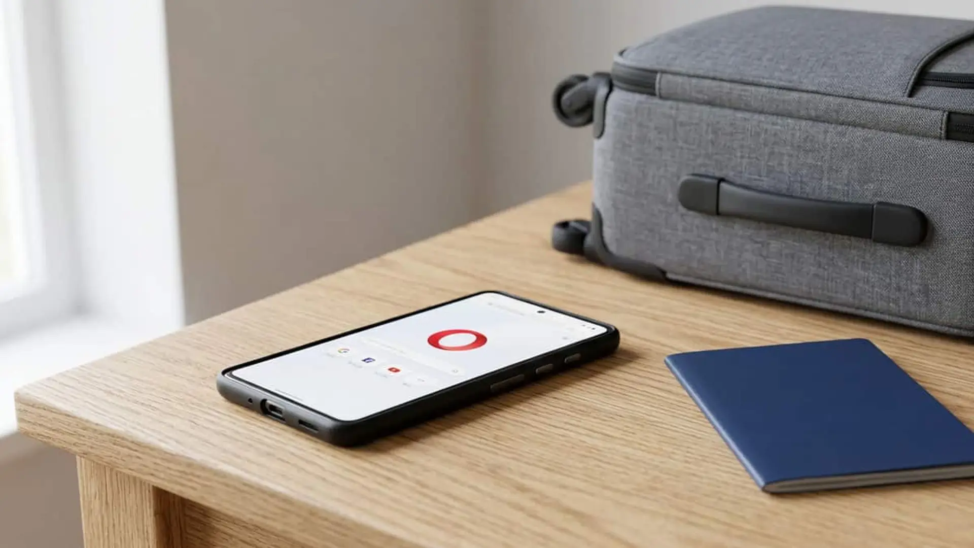 Móvil con el logo de Opera junto a un pasaporte y una maleta gris sobre una mesa