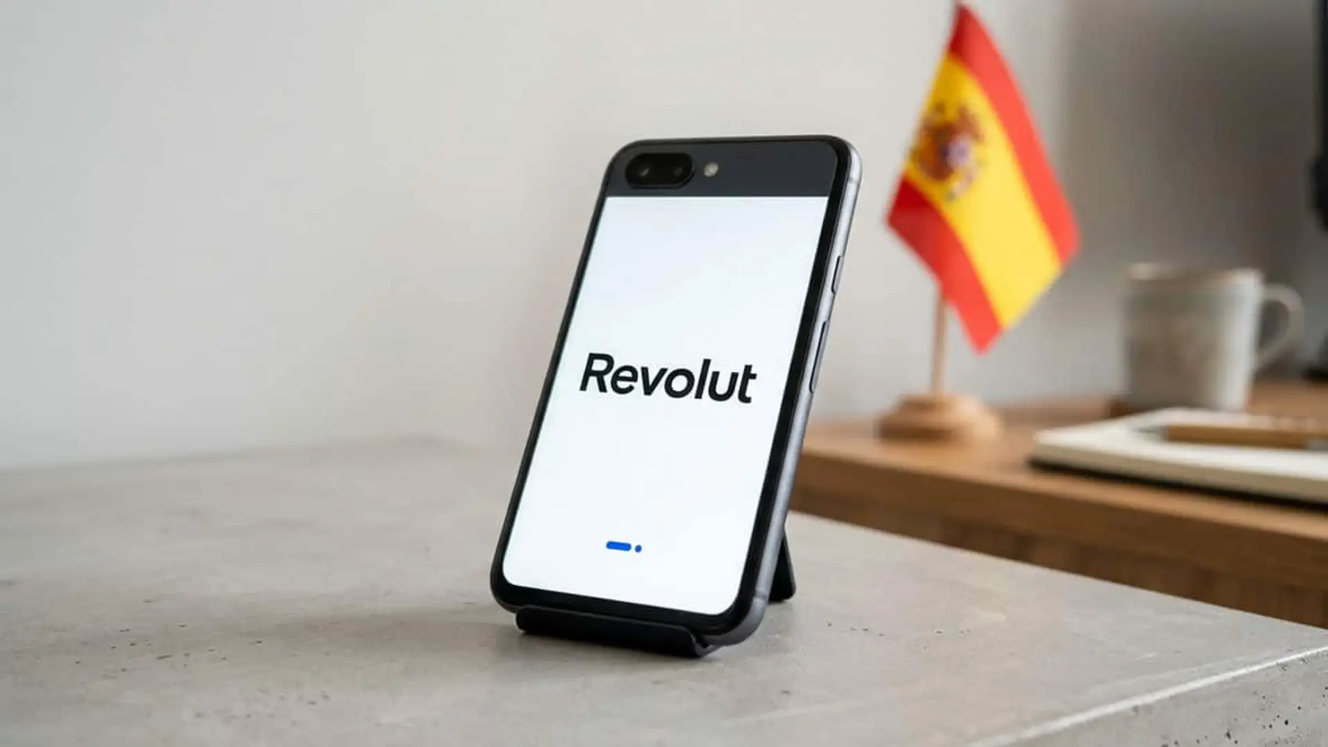 Teléfono móvil con el logotipo de Revolut en la pantalla, colocado sobre una mesa con una bandera de España al fondo.