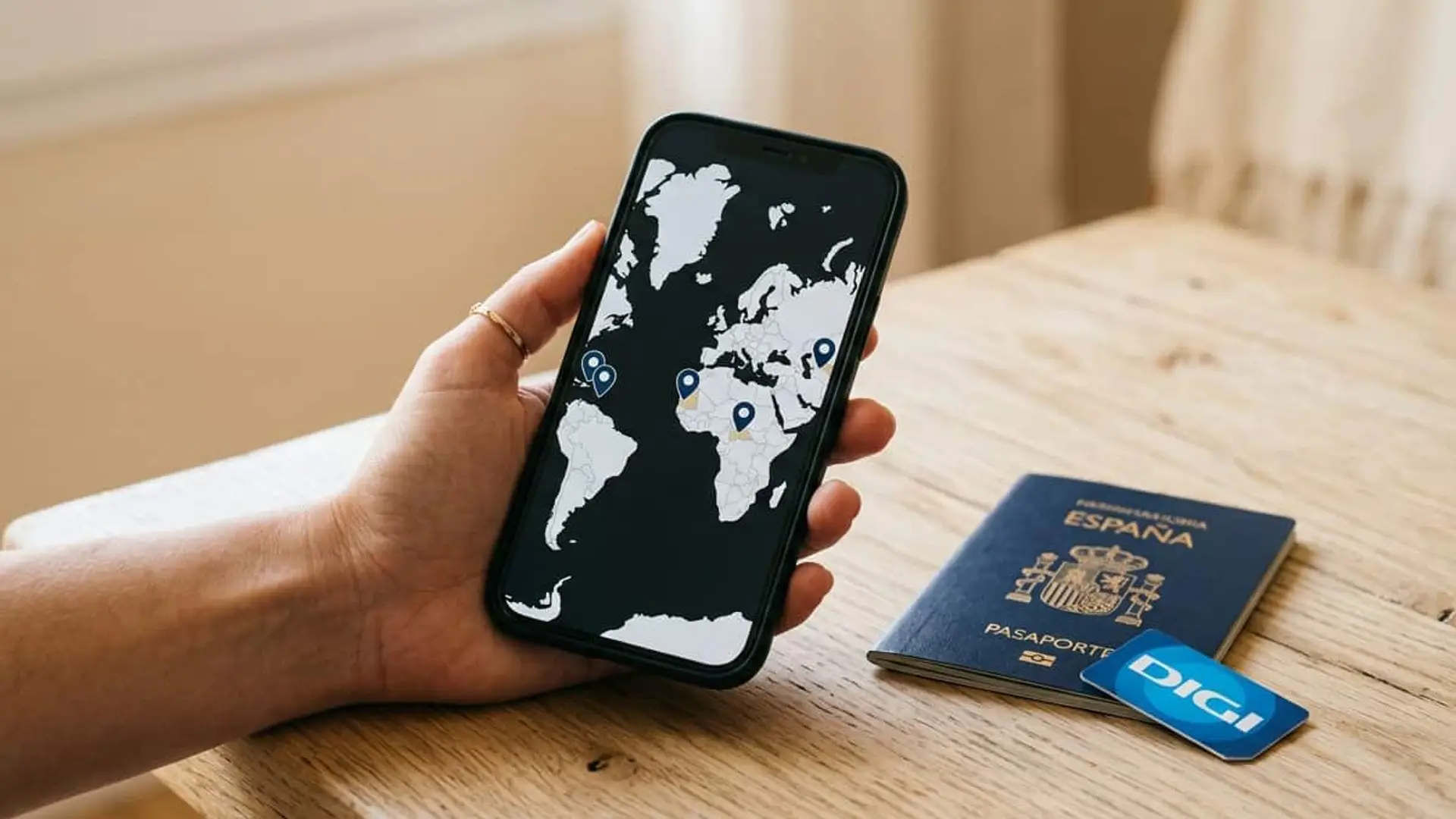 Persona sujetando un móvil con un mapa mundial junto a un pasaporte español y una tarjeta SIM de DIGI