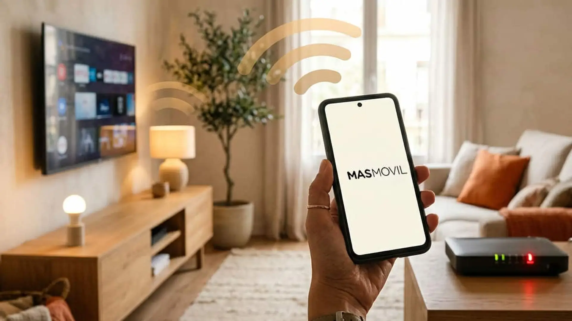 Móvil con el logo de MásMóvil conectado por wifi junto a un router y una televisión en un salón