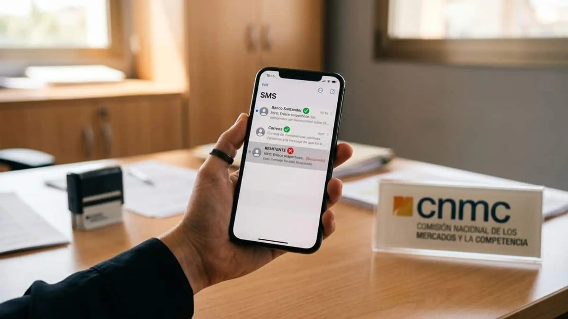 Miles de empresas aún pueden usar su alias en SMS sin estar inscritas: la CNMC les da hasta 3 meses Persona sosteniendo un móvil con varios mensajes SMS junto al logotipo de la CNMC