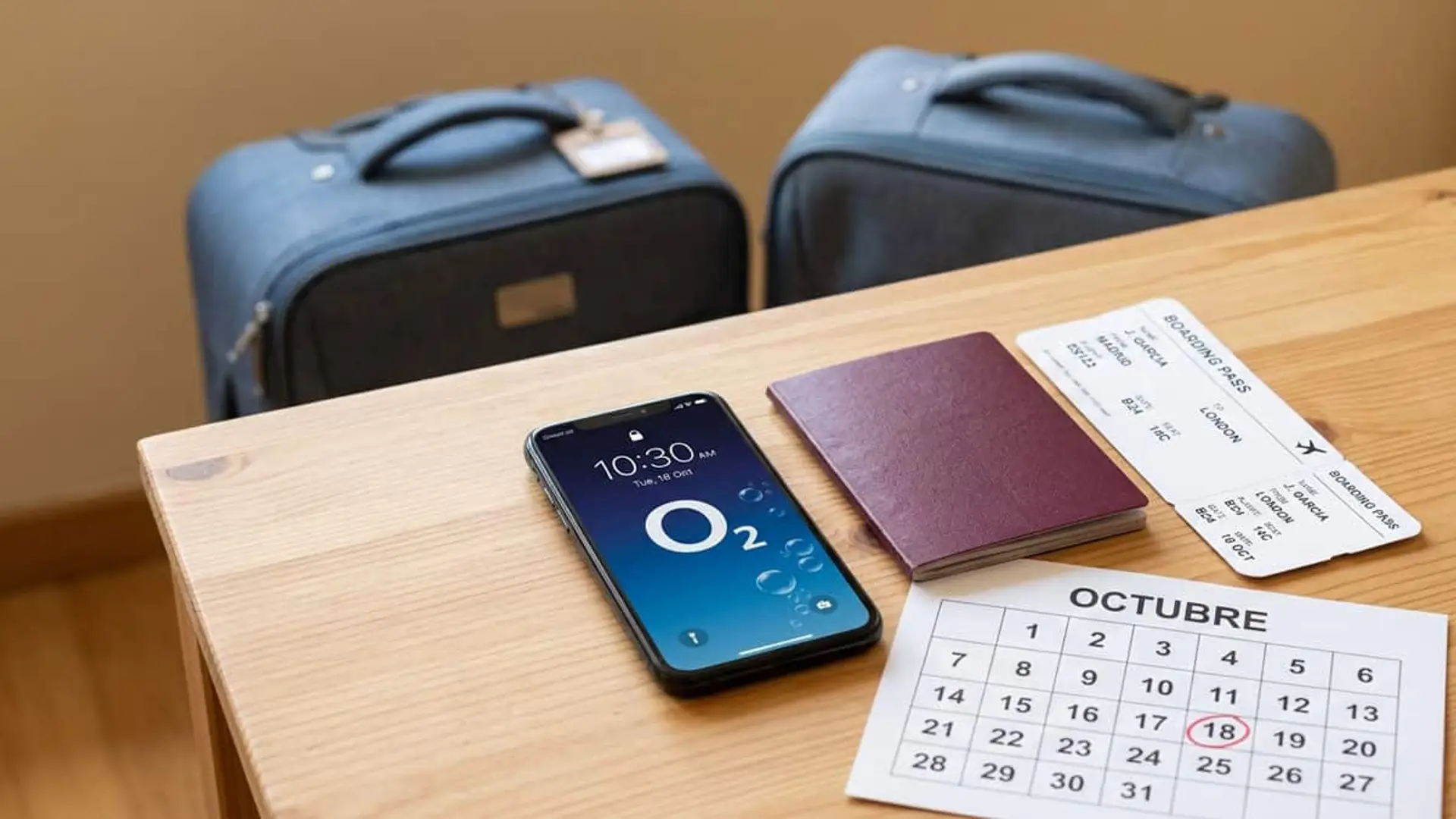 ¿Viajas con O2 a Europa? Desde el 18 de octubre tendrás de 12 a 34 GB, menos que en España Teléfono móvil con el logotipo de O2 en la pantalla, junto a un pasaporte, dos tarjetas de embarque, un calendario de octubre y dos maletas.