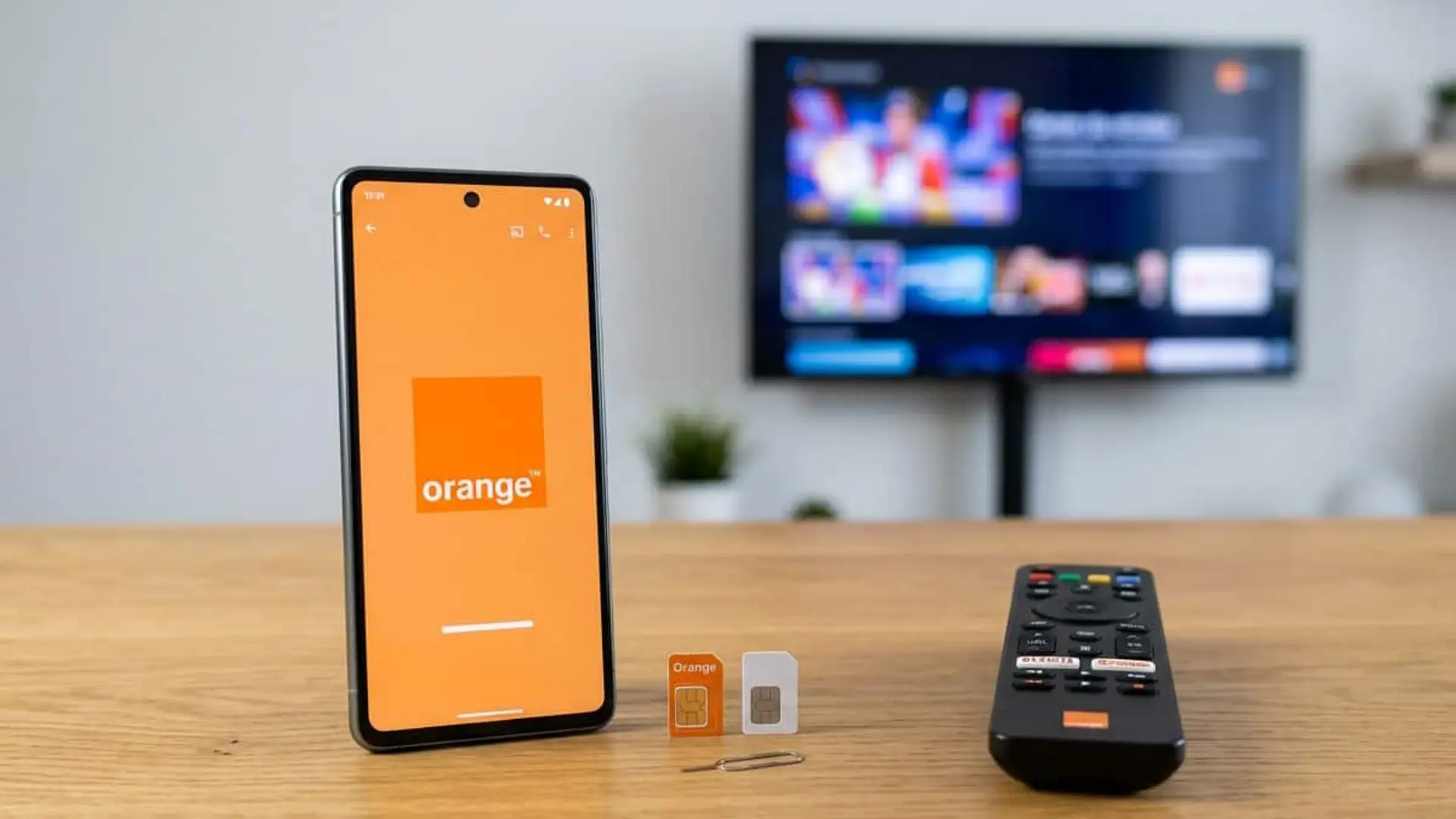 Móvil con el logotipo de Orange junto a dos tarjetas SIM y un mando de televisión sobre una mesa de madera