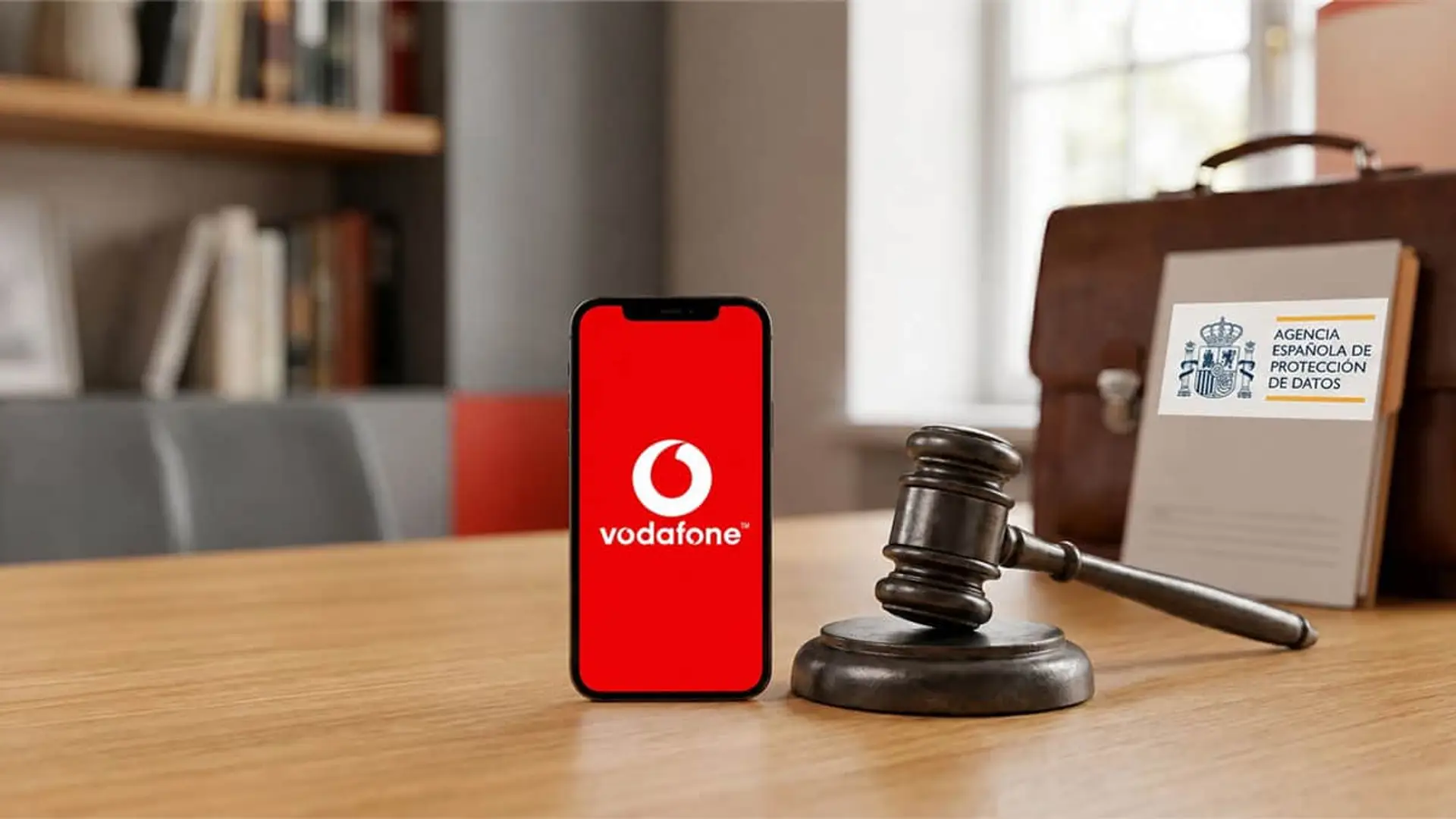 Móvil con el logo de Vodafone junto a un mazo y un documento de la Agencia Española de Protección de Datos.