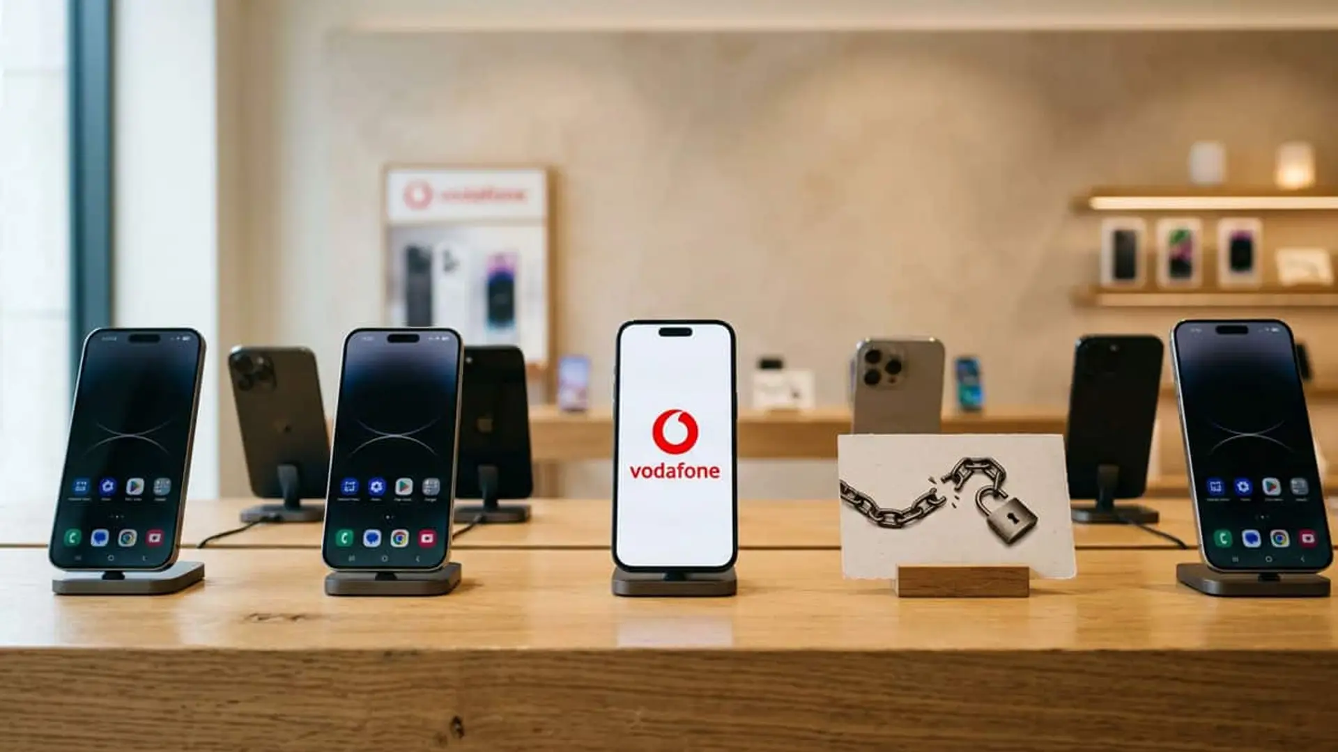 Vodafone quita la permanencia al financiar un móvil u otro dispositivo (no en todos) Varios teléfonos móviles expuestos en una tienda Vodafone junto a una cadena rota y un candado