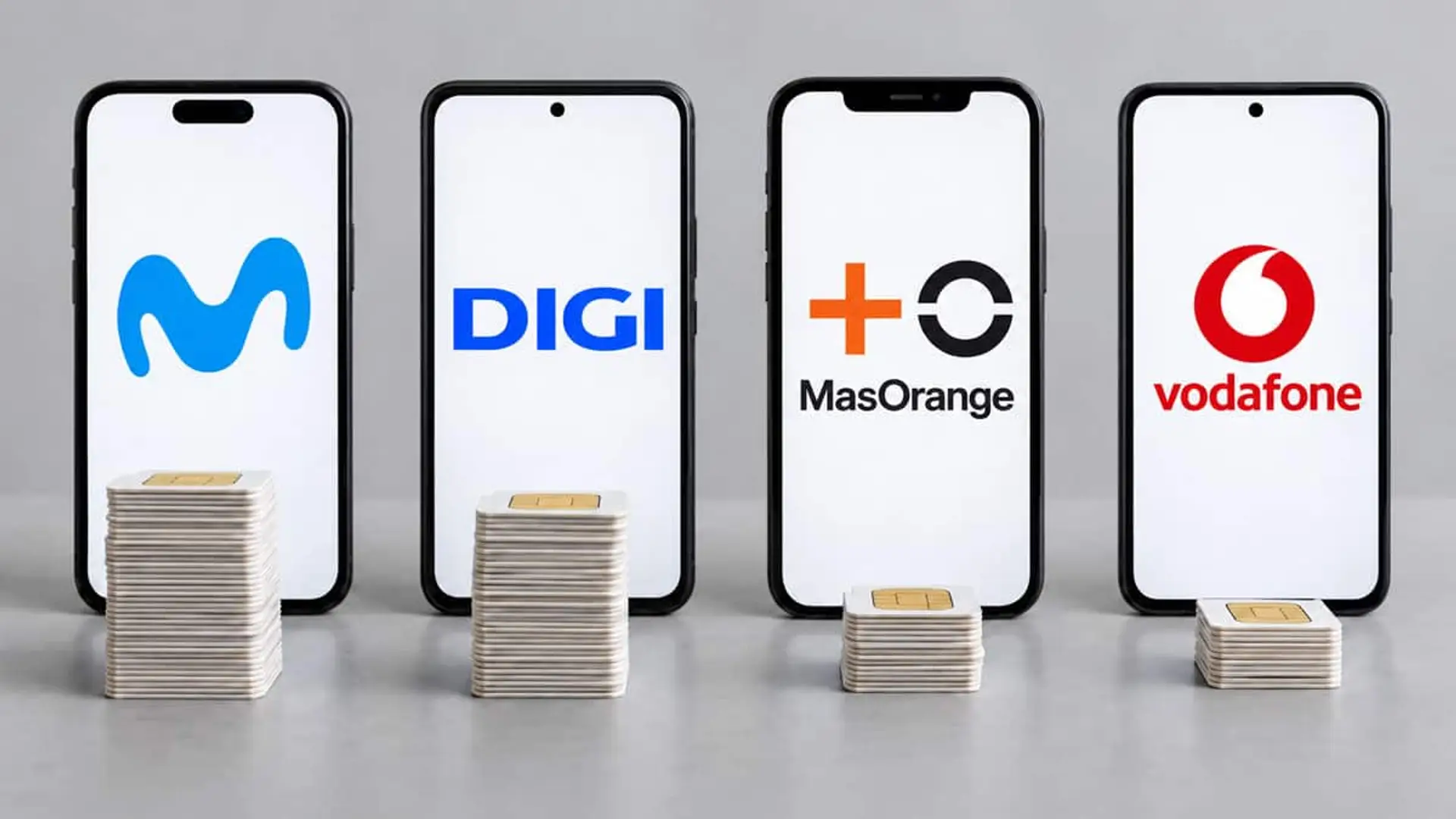 Telefónica gana 23.000 clientes en septiembre y Digi 59.000; MasOrange pierde 450.000 en 2026 Cuatro móviles con los logotipos de Movistar, Digi, MasOrange y Vodafone junto a pilas de tarjetas SIM de distintas alturas