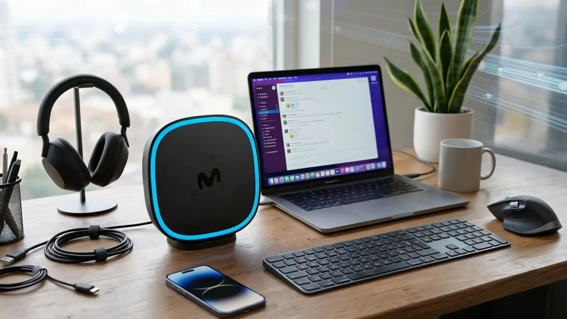 Nuevo router Smart WiFi de Movistar en un escritorio con ordenador portátil y smartphone para teletrabajo.