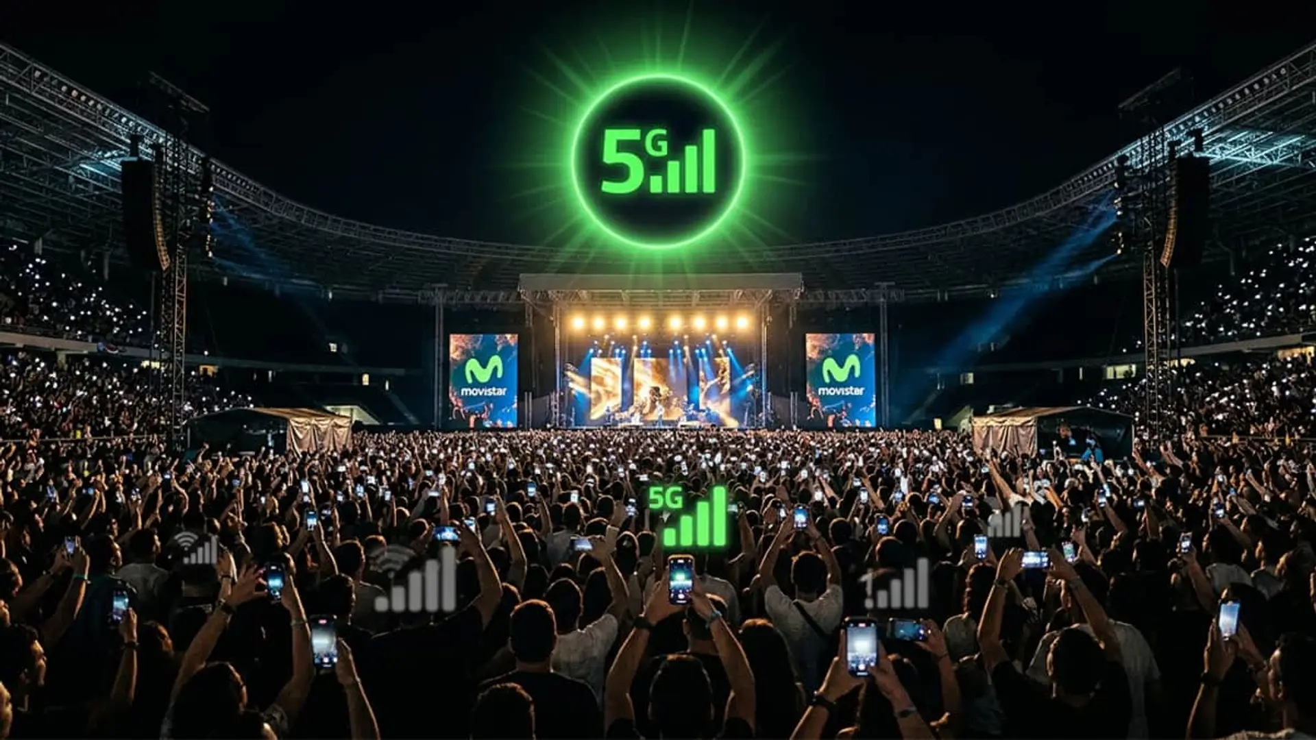 Multitud en concierto con cobertura 5G de Movistar, mostrando señal en smartphones en estadio