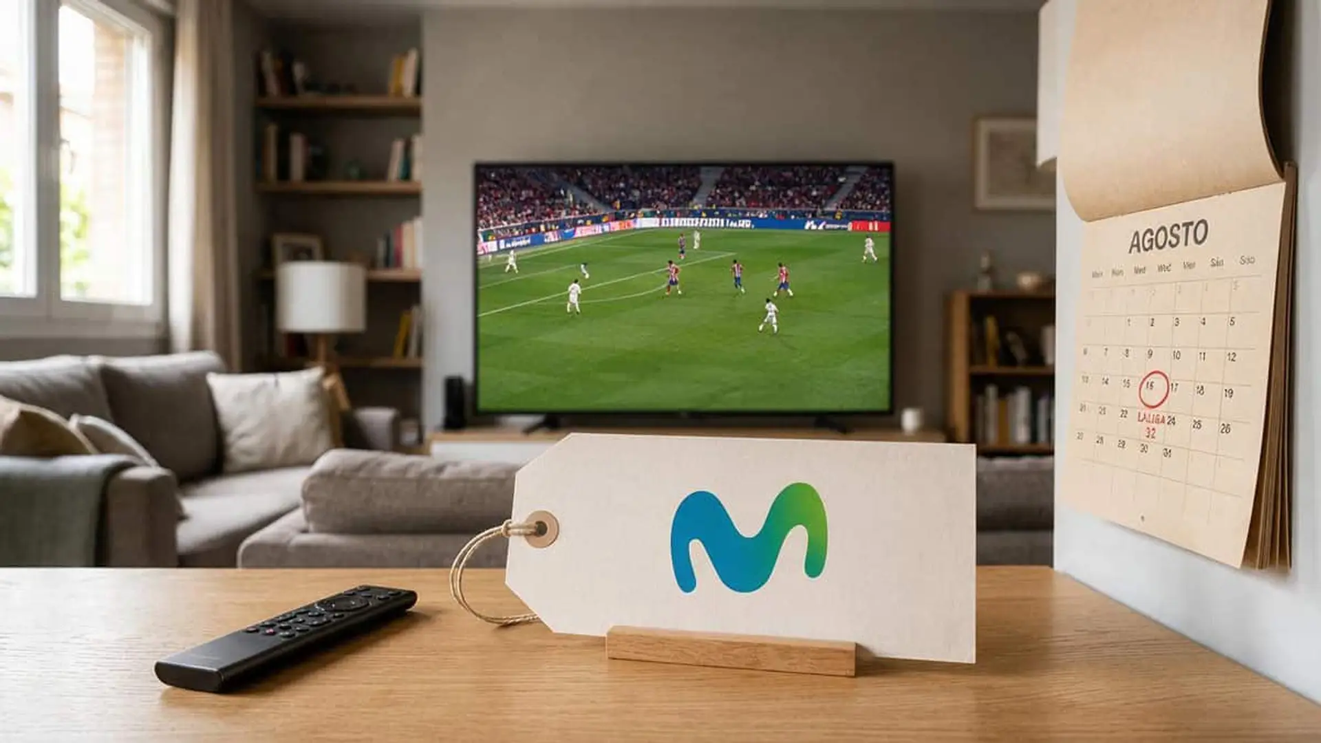 Movistar Plus rebaja su suscripción a 4,99€ para que te ahorres 15€ en tres meses: acaba en julio Televisión mostrando un partido de fútbol junto a una etiqueta con el logotipo de Movistar y un calendario de agosto