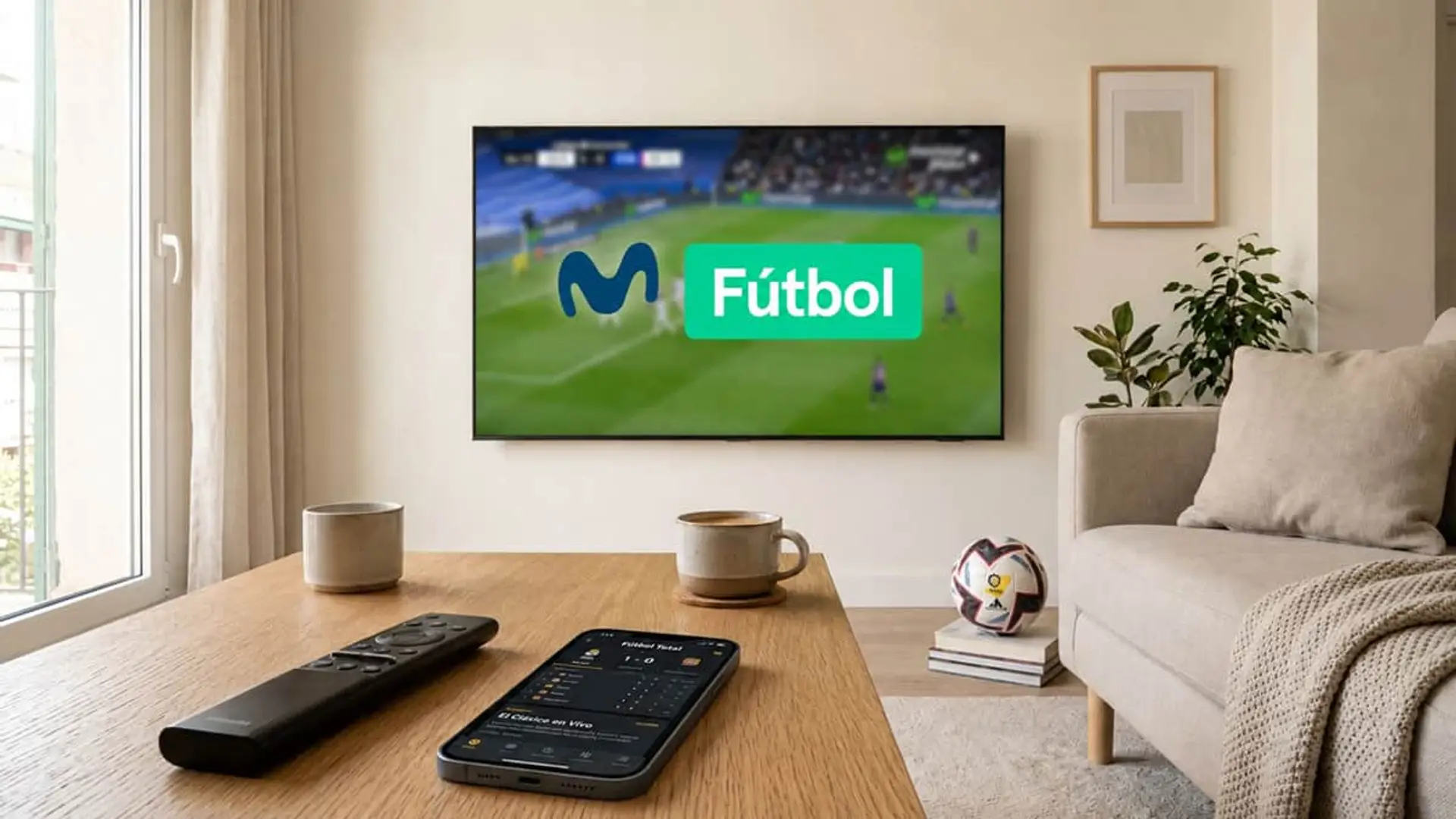 Televisión con Movistar Fútbol y móvil con resultados deportivos en el salón de una vivienda.