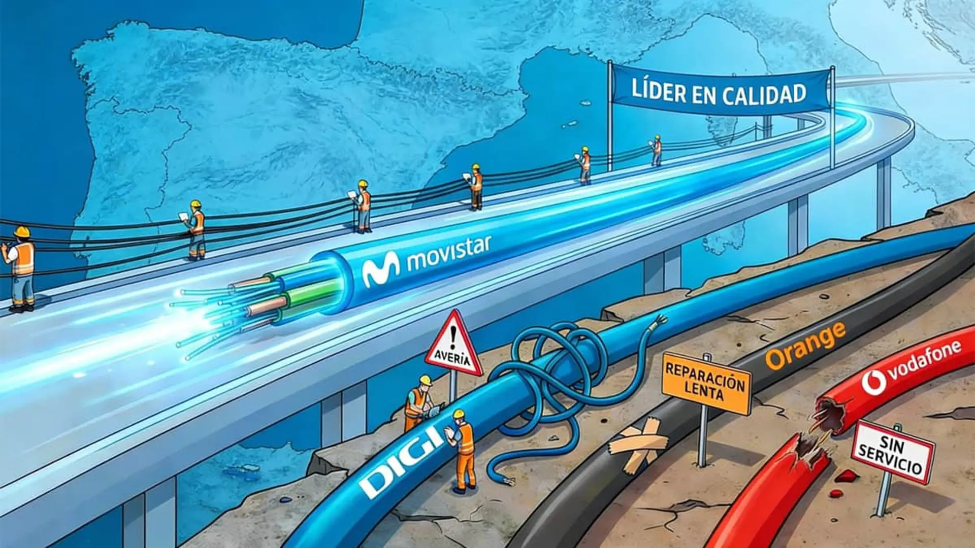 Ilustración de Movistar como fibra óptica líder frente a averías de DIGI Orange y Vodafone.