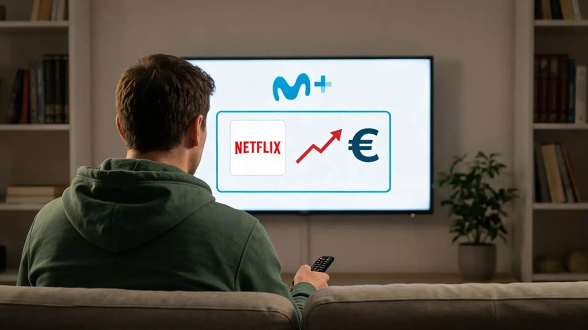 Usuario viendo en su televisión la subida de precios de Netflix en Movistar Plus con una flecha ascendente.