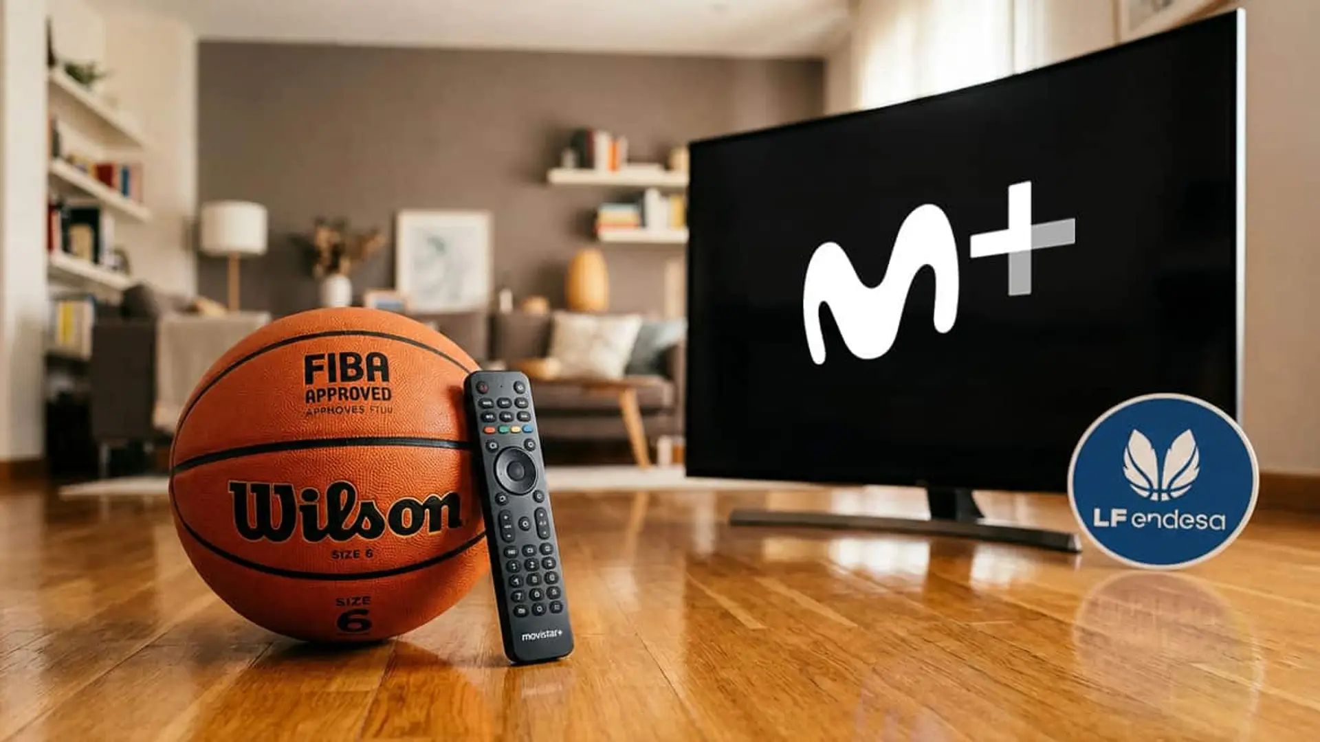 Balón de baloncesto junto a un mando de Movistar y una televisión con Movistar Plus y Liga Endesa