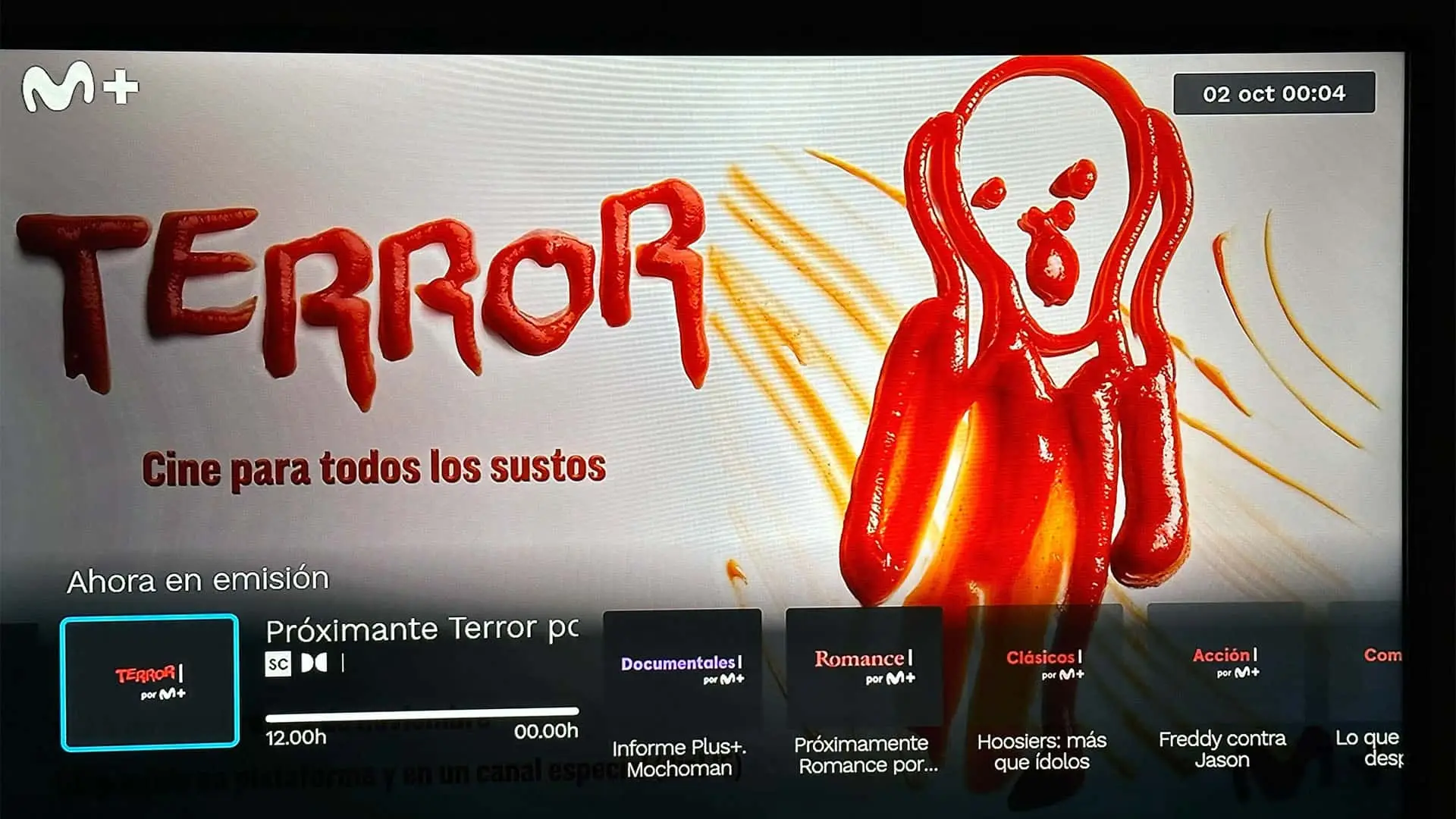 Interfaz de Movistar Plus+ con su canal pop-up Terror por M+, dedicado a las películas de miedo.