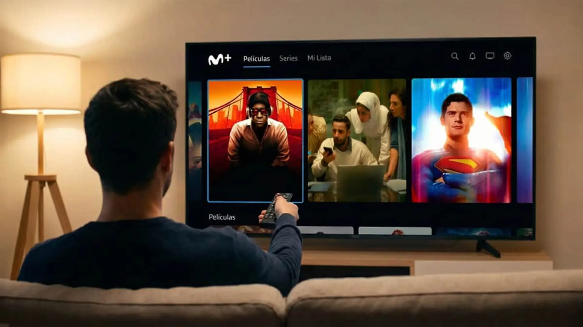 Hombre usando mando a distancia frente a Smart TV con la plataforma Movistar Plus+ para ver películas y series en casa.