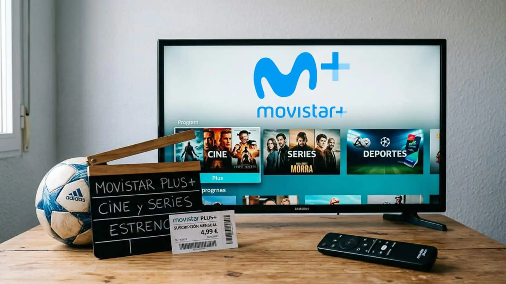 La rebaja de Movistar Plus a 4,99 euros sigue activa tras superar su fecha límite Televisor con la interfaz de Movistar Plus+, un balón, un mando y una tarjeta con una oferta de suscripción