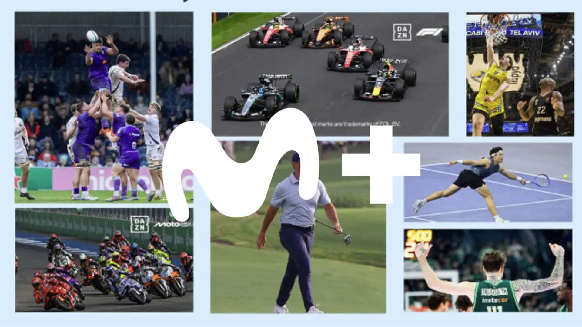 Logotipo de Movistar Plus+ sobre un mosaico de deportes como F1 MotoGP y baloncesto para ver televisión digital en directo.