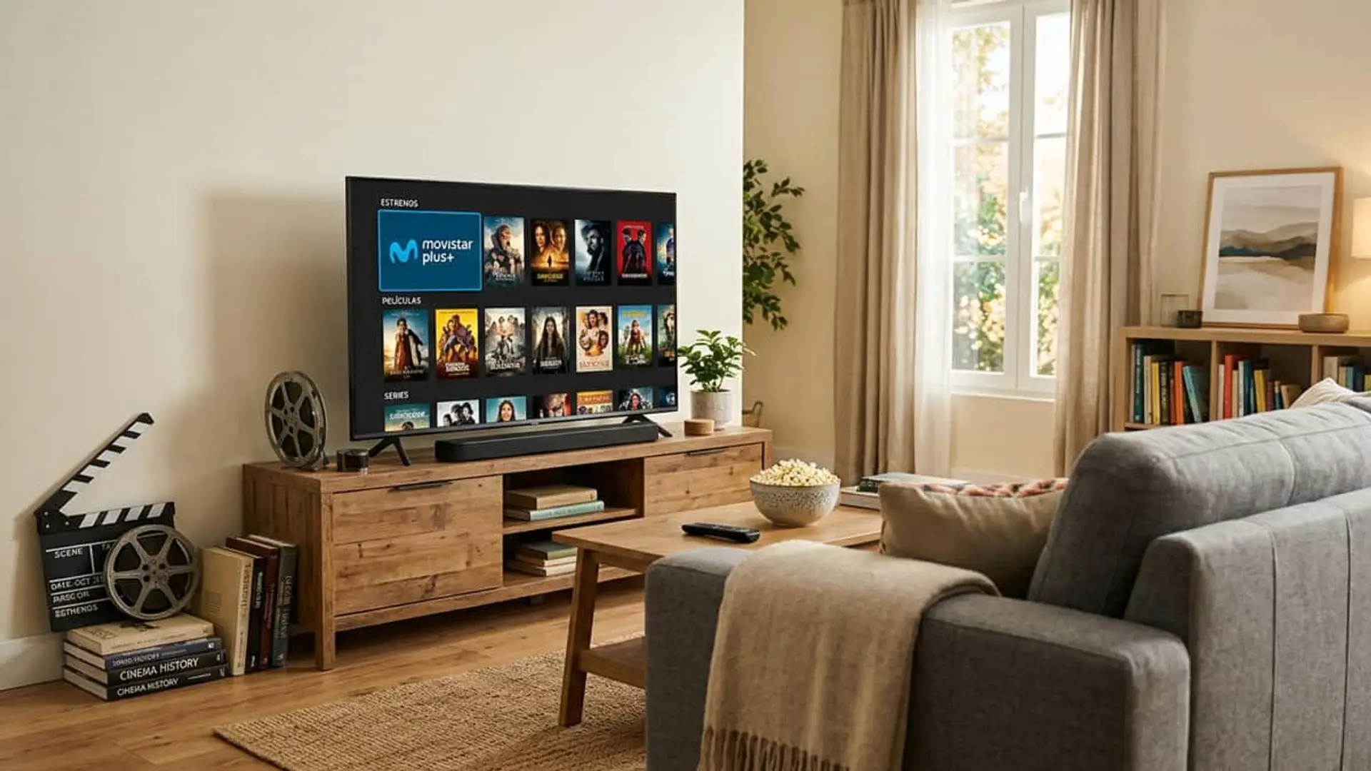 Movistar Plus estrena 25 películas en noviembre y lanza el canal temporal Thriller por M+ el día 19 Televisor con el catálogo de estrenos de cine y series de Movistar Plus+ en un salón con decoración cinematográfica.